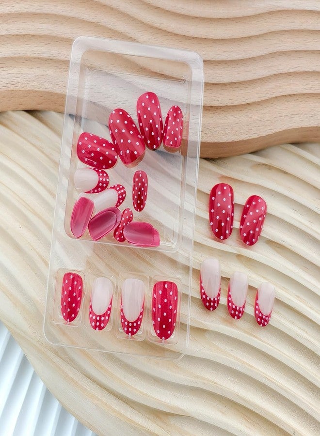 OSTTMA 24Pcs Polka Dot Press on Nails Red French Tip Fake Nails Short Oval False Nails with Cute White Polka Dots Design Glossy Glue on Nail Full Cover French Acrylic Nail for Women Manicure Accessories - Image 4
